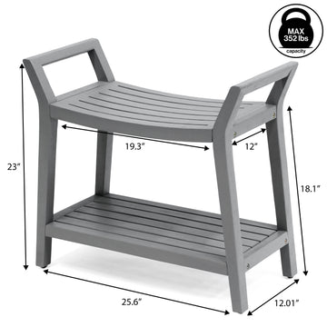 Orla 25.6" Modern Classic Slatted Solid Acacia Wood Indoor/Outdoor Shower Bench with Shelf and Handle